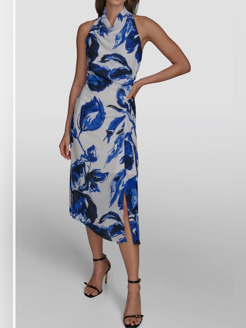 Donna Karan Blue White Floral Cowl Neck Asymmetric Dress. Size 12. NWT.